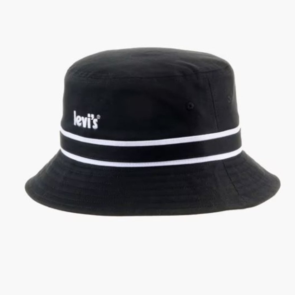 Levi’s Unisex Poster Logo Cotton Black Bucket Hat With White Stripes Size M - Picture 2 of 7